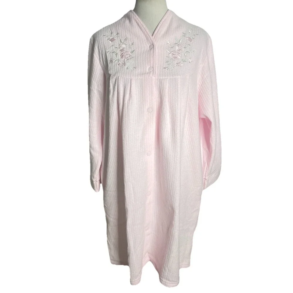 NWT Miss Elaine Brushed Back‎ TERRY Snap House Dress Lounge Robe Pink L Petite